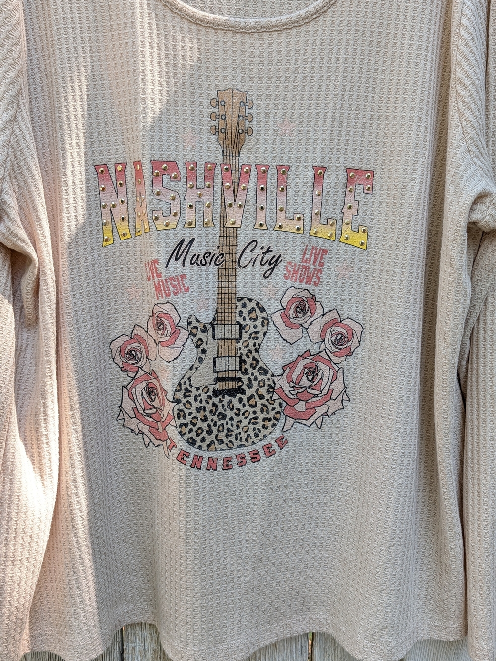 Cato Beige Nashville Graphic Waffle Knit Top XL Guitar Roses Animal Print - Picture 3 of 7